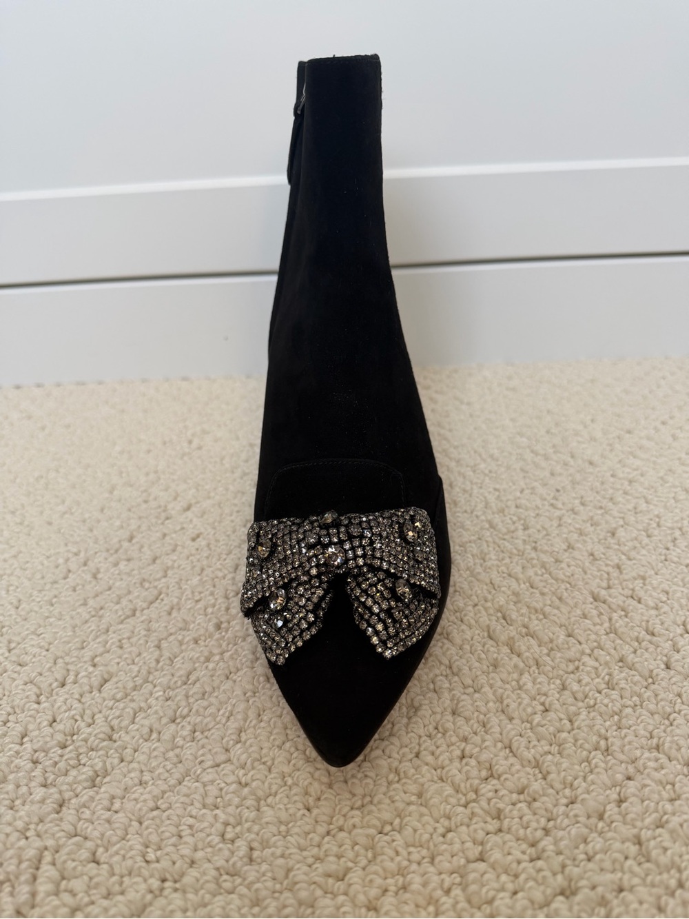 Tory Burch Black Suede Pointed Ankle Boot with Crystal Bow